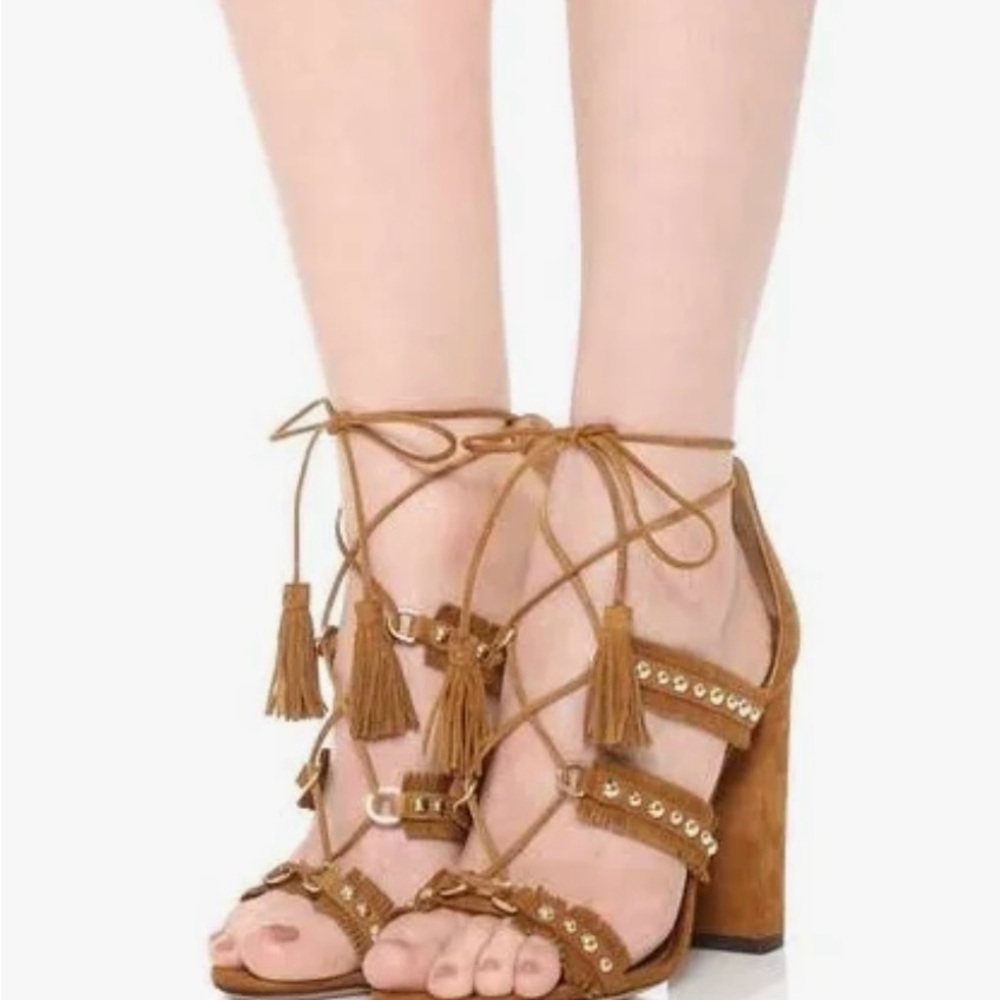 Aquazzura Tulum 36 6US suede Brown Strappy Heeled Sandals talssel wrapped strap